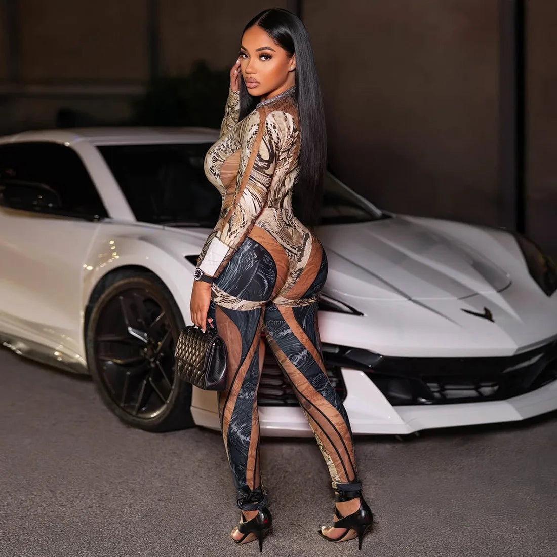 HBLL Snakeskin Print Patchwork Birthday Outfit Women Two Piece Set Club Party Long Sleeve Bodysuit Top and Pencil Pants Suit