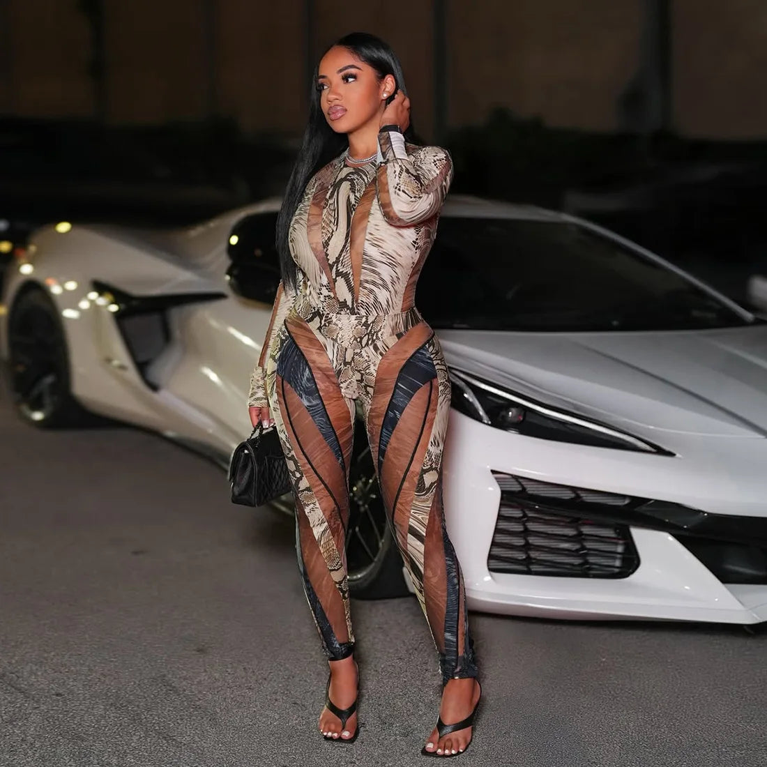 HBLL Snakeskin Print Patchwork Birthday Outfit Women Two Piece Set Club Party Long Sleeve Bodysuit Top and Pencil Pants Suit