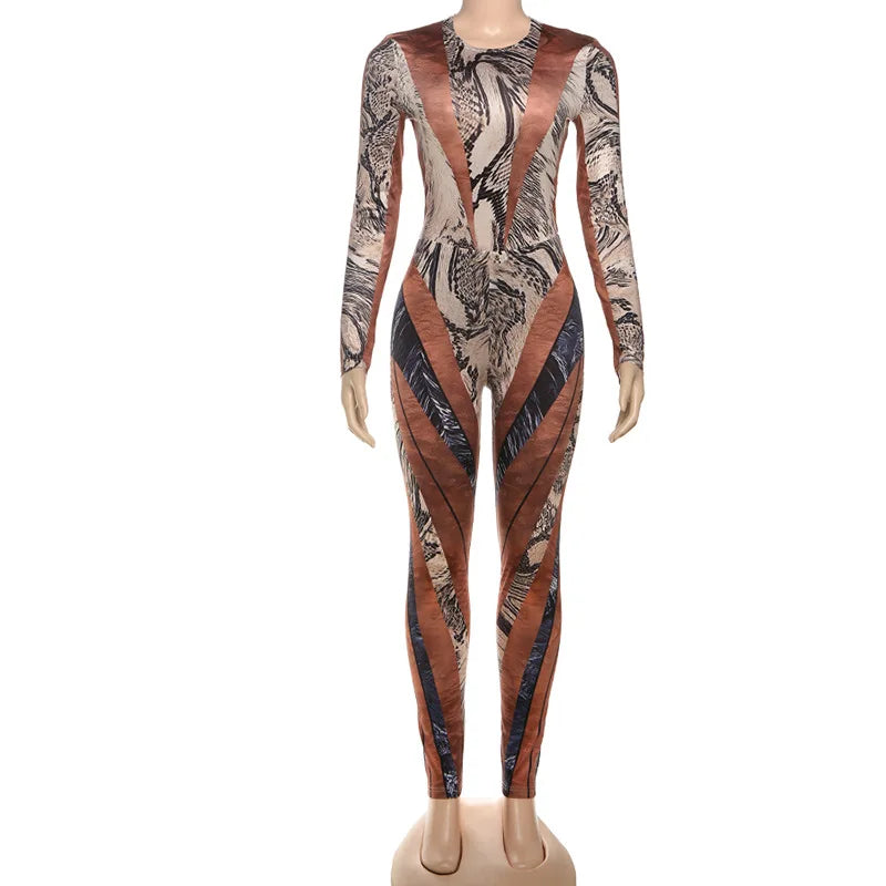 HBLL Snakeskin Print Patchwork Birthday Outfit Women Two Piece Set Club Party Long Sleeve Bodysuit Top and Pencil Pants Suit