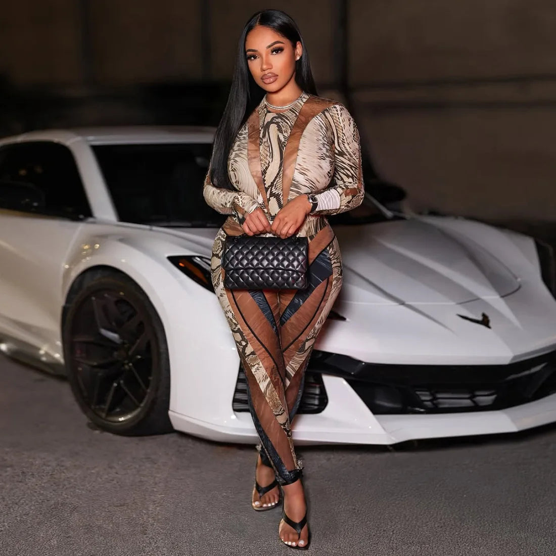 HBLL Snakeskin Print Patchwork Birthday Outfit Women Two Piece Set Club Party Long Sleeve Bodysuit Top and Pencil Pants Suit